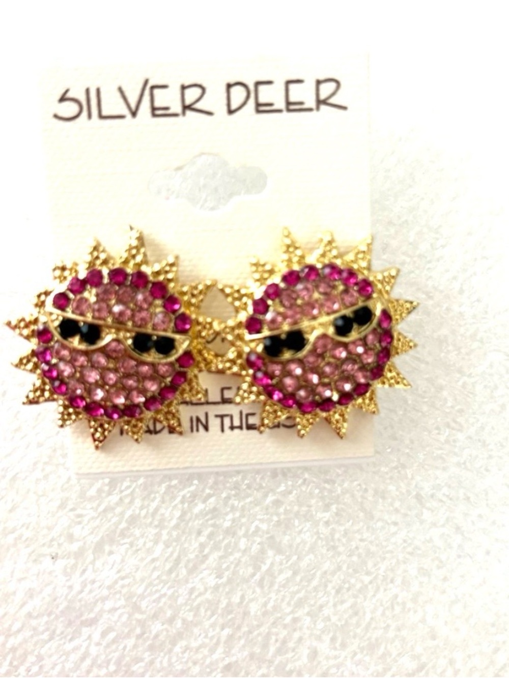 NWT Silver Deer Earrings Studs Gold Pink Crystal Sun Face with Black Sunglasses